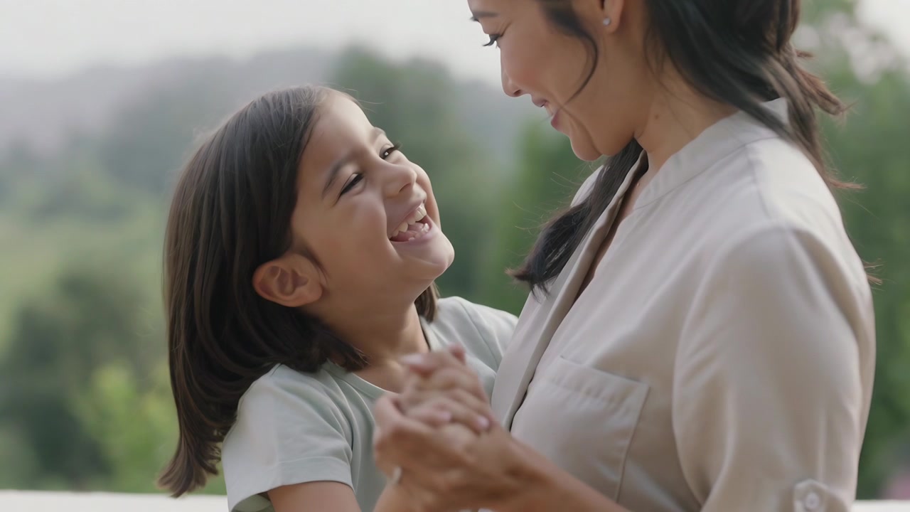 子供を抱き寄せ、母と娘がバルコニーの手すりに手を添えて揺れている。薄着で絆を深める様子。