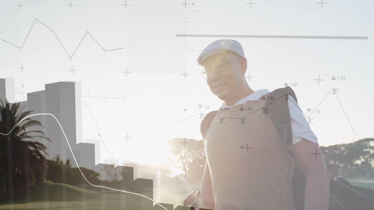 Mature male standing on golf fairway presenting business charts via floating data overlays