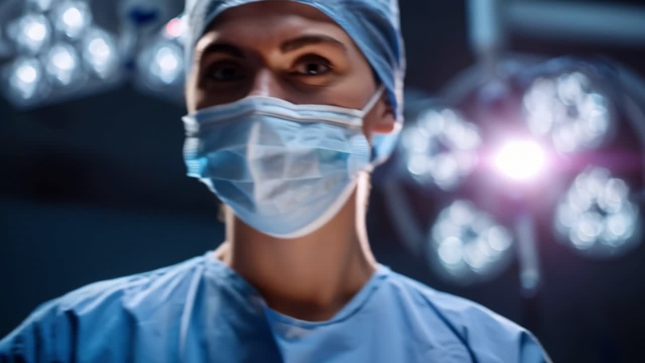Female surgeon in operating room. Focused, calm, professional demeanor. Bright lights illuminate sterile environment. Ideal for medical or healthcare content. High-quality, dramatic