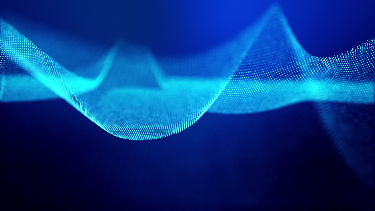 빛나는 입자의 4k 루프 추상적인 배경은 선을 형성하고 사이버 공간 또는 홀로그램에서 미래의 풍경으로 표면을 나타니다. 마이크로 월드, 나노 기술 또는 우주 공간의 공상 과학 테마.