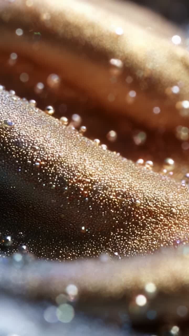 Primo piano di un tessuto dorato con gocce di rugiada che mettono in risalto le texture e gli effetti scintillanti, catturato in alta definizione