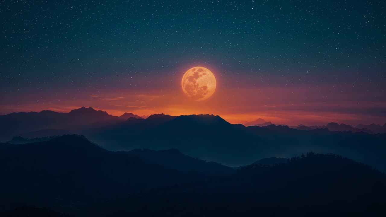 Showing sky shifting from red-orange to dark blue above mountain ridges under full moon, starfield