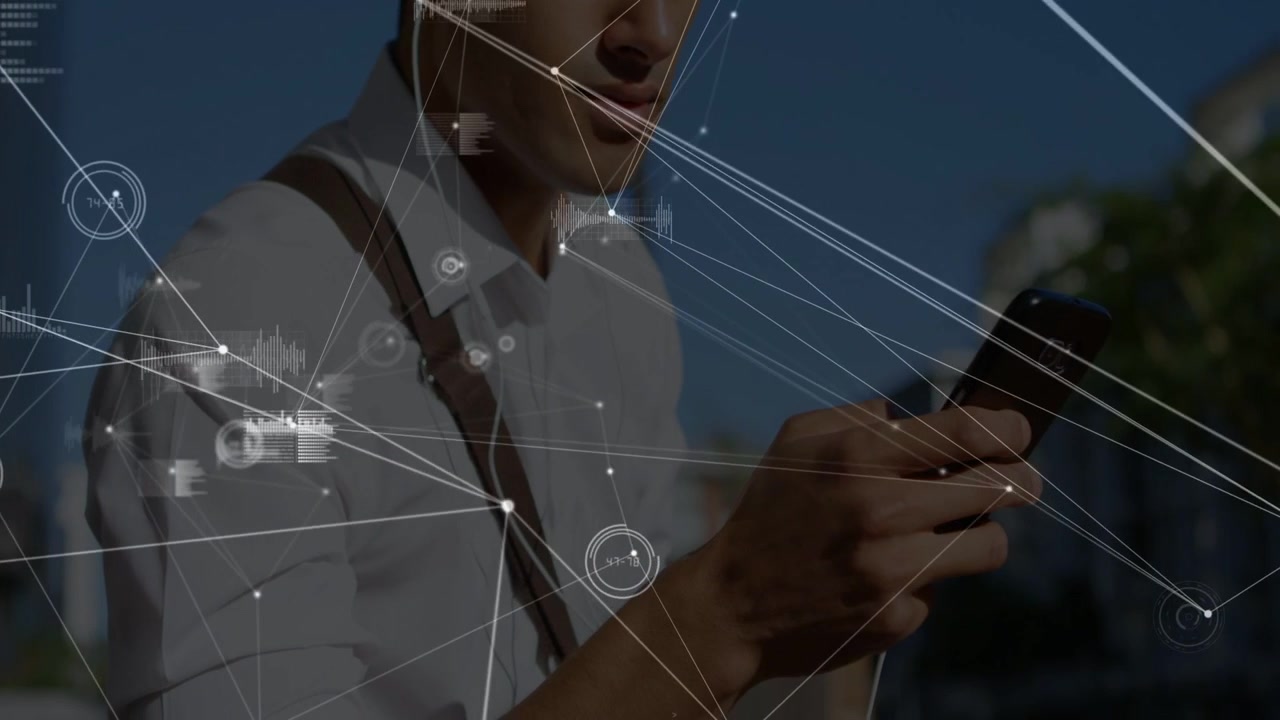 Phone lighting causing man checking phone, camera zooming hands as data overlay moving