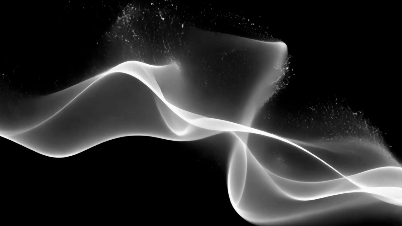 Abstract White Glowing Wave Motion with Floating Particles on Black Background