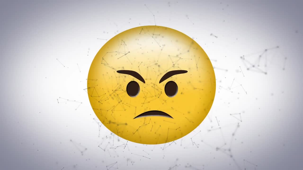 animación del icono de emoji enojado sobre la red de conexiones