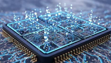 exploring the intricate world of quantum computing: a close-up view of a processor with dynamic circuitry and glowing connections