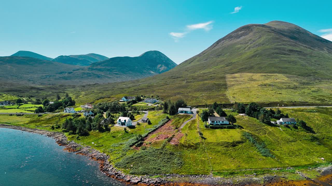 Scenic Mountain Landscape with Lake and Houses