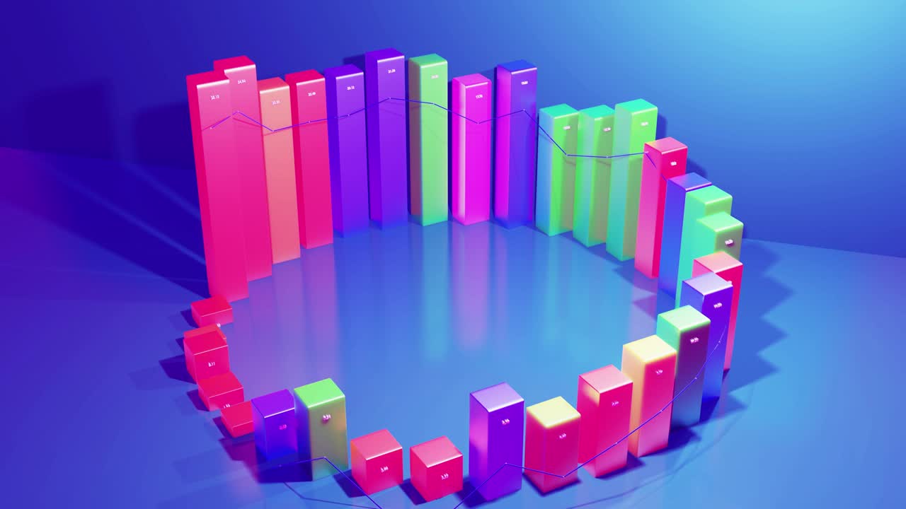 hermoso fondo en bucle 3d para programas analíticos con infografías abstractas, datos estadísticos. barras multicolores, contadores y gráficos. columnas 3d se mueven suavemente arriba y abajo en bucle. bg financiero