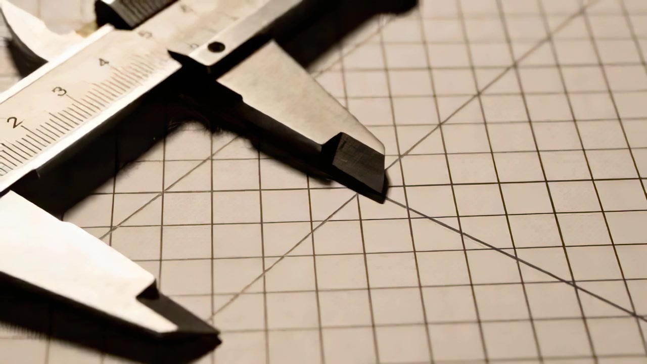Shifting steel vernier caliper toward intersection on graph paper, aligning jaws for measurement