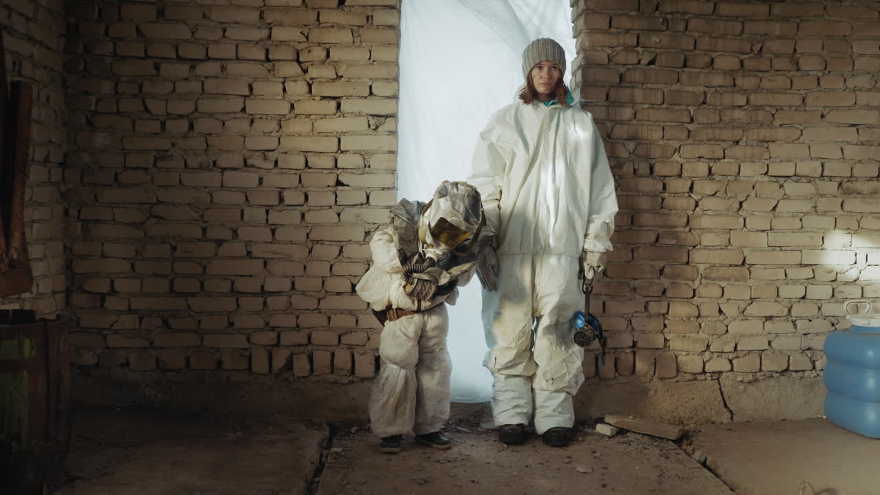 criança pequena com máscara de proteção química ao lado de adulto com roupa de proteção branca dentro de sala de tijolos abandonada, virando a cabeça de forma divertida durante o inverno nuclear, luz através da janela de plástico e clima de sobrevivência