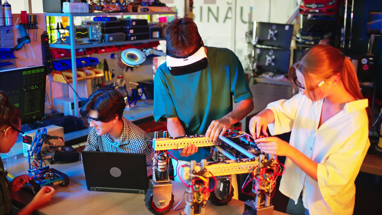 Young engineers with VR virtual reality headset fixing a robotic car in research laboratory, slow motion