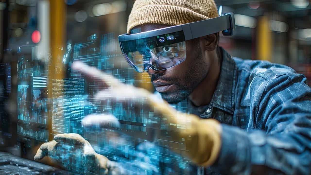 Worker uses augmented reality glasses in industrial setting for efficiency