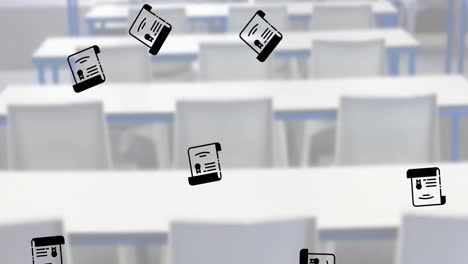 múltiples iconos de certificados de graduación que caen contra la vista de la clase vacía en la escuela