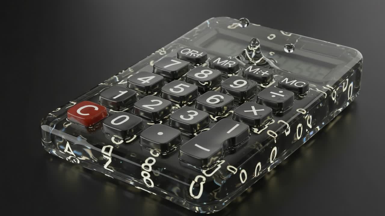 A close-up view of a transparent calculator showcasing its distinct digital interface, water droplets accentuating the sleeks design and innovative number display for modern calculations