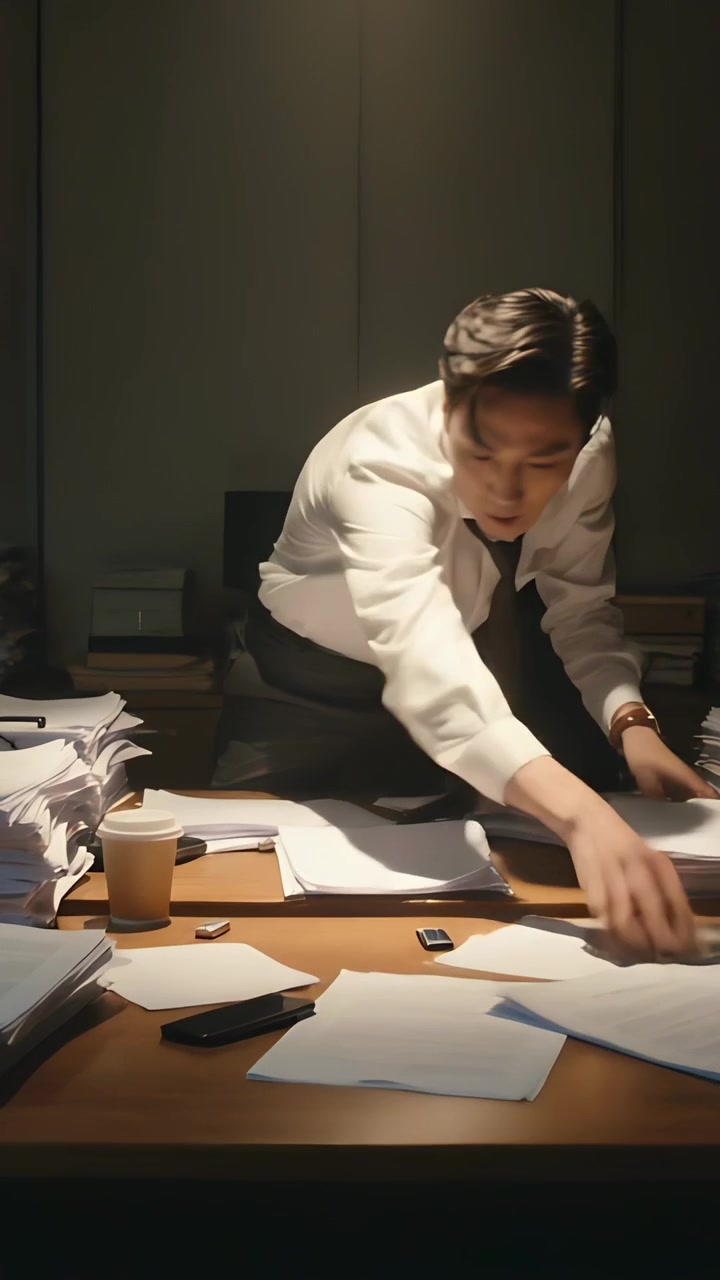 Vertical video: Arriving desk, man in shirt and tie sorting files, clearing workspace with cup near
