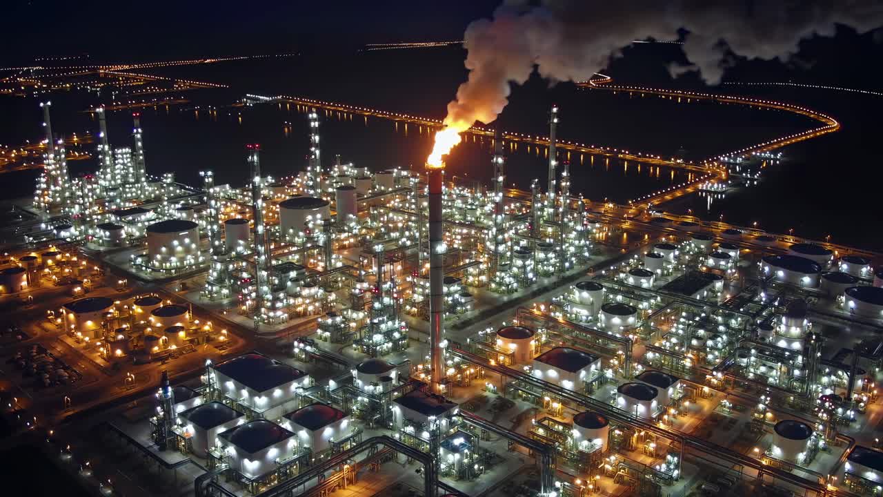 Night Aerial View of Oil Refinery