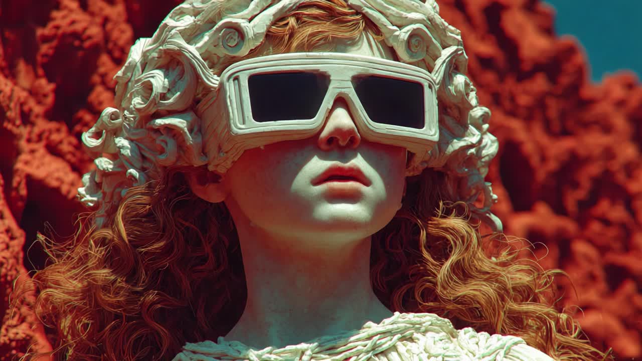 A striking portrayal of an artistic figure with intricate hair designs and futuristic eyewear, against a vibrant red background, capturing a blend of fantasy and reality in a stunning visual composition