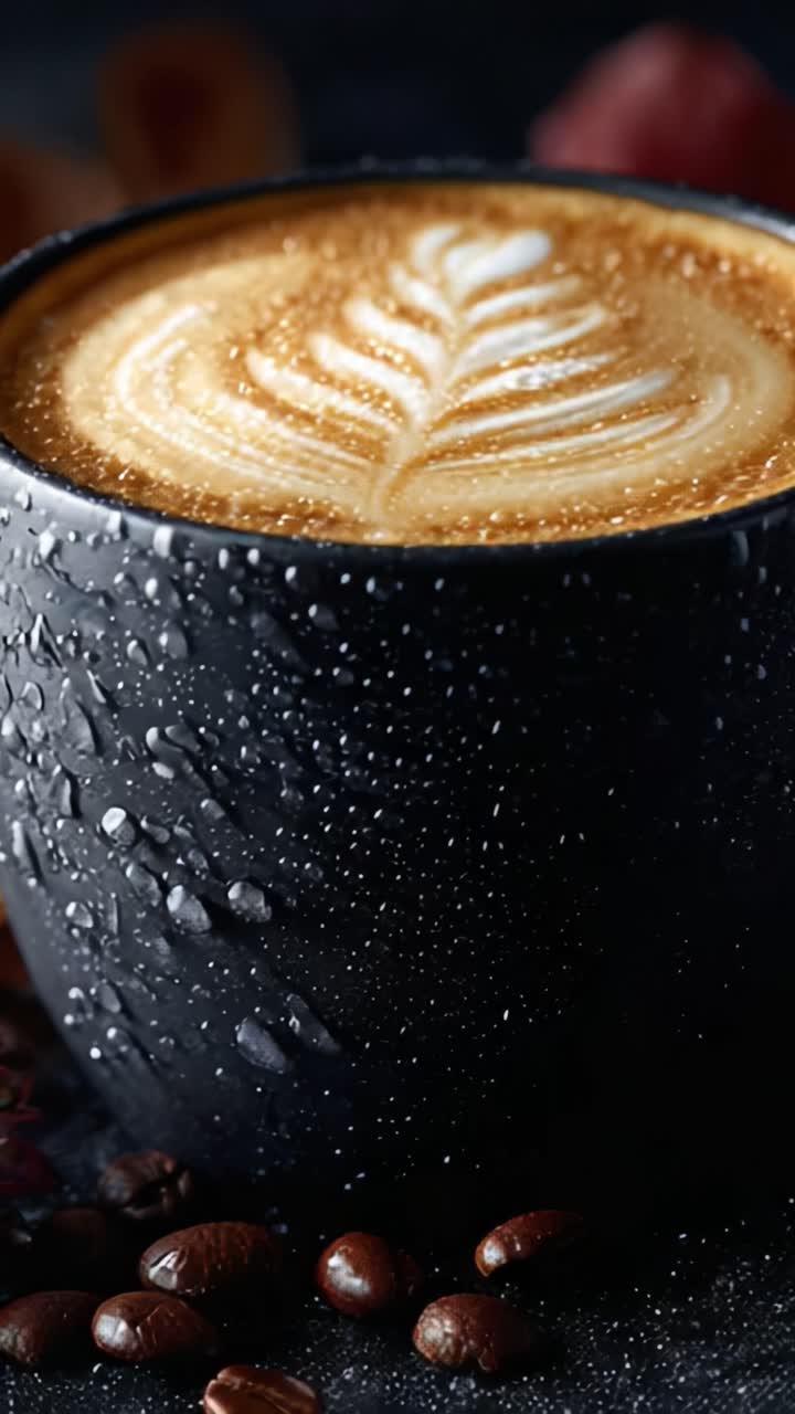 En smukt udformet cappuccino står i en sort kop med tekstur og dråber, omgivet af kaffebønner, der viser latte-kunsten frem i en varm og indbydende atmosfære