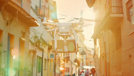 a drone flying over a city street with a box in the air