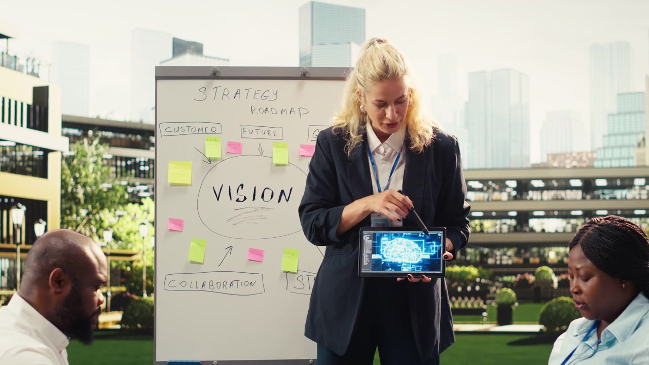 Businesswoman presenting artificial intelligence implementation with tablet