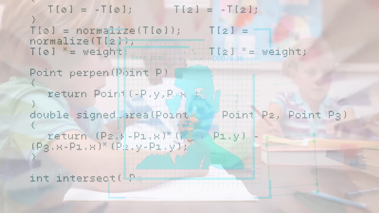 Animation of data processing over caucasian boy at school