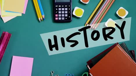 Animation-of-history-text-over-school-items-on-desk