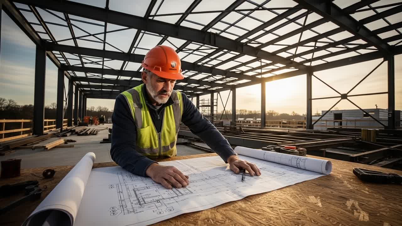 Construction Worker Analyzing Blueprints on a Steel Framed Structure During Sunset: A Focused Approach to Project Planning and Team Coordination
