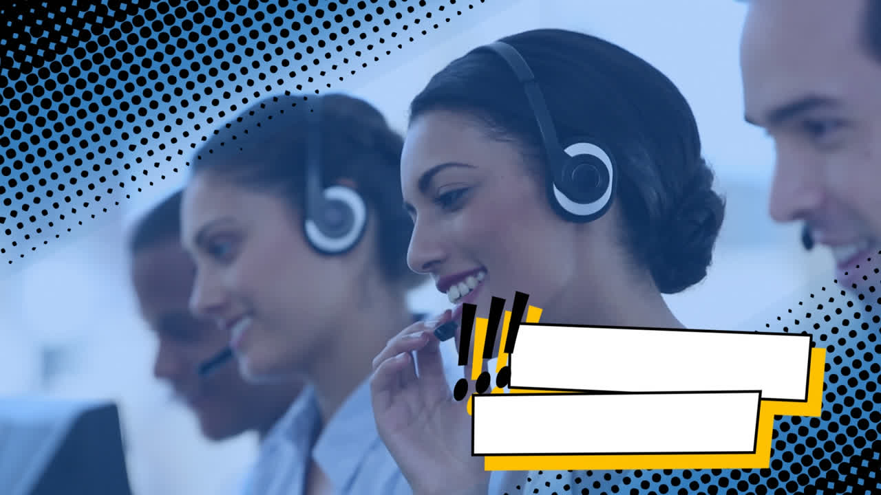 pancarta con espacio de copia y diseño de patrón de puntos sobre ejecutivos de atención al cliente que trabajan en la oficina