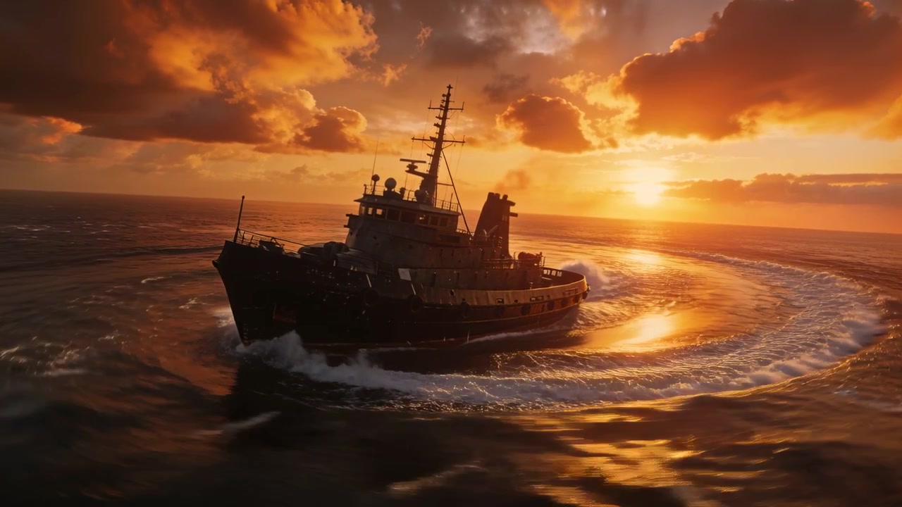 Radarkuppeln am Mast eines Schleppers drehen sich, während dieser nach dem Einschlagen des Ruders auf dem Ozean bei Sonnenuntergang eine Kurve fährt und eine spiralförmige Kielwelle zieht.