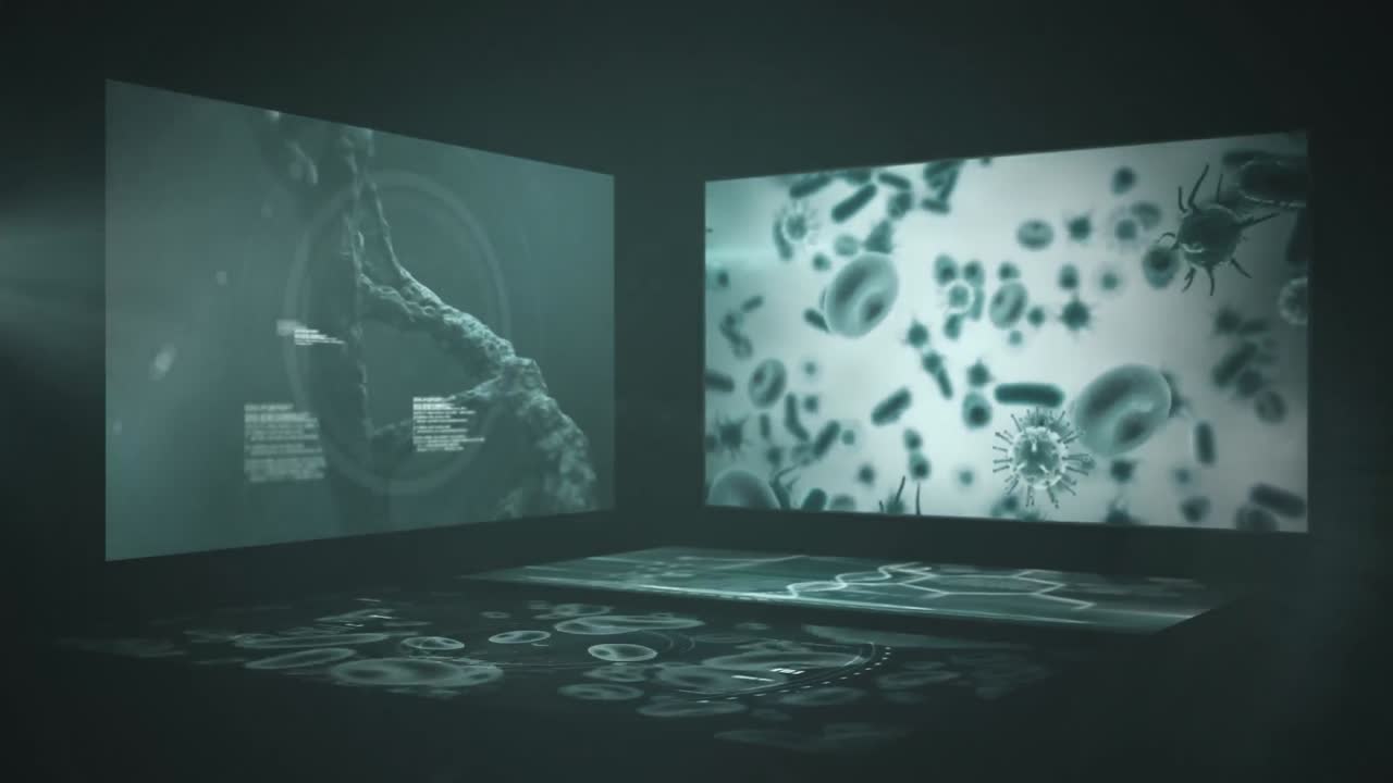 코로나19 세포의 움직임과 의료 데이터 처리에 대한 디지털로 생성된 비디오