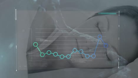 Animation-Von-DNA-Molekülen-Und-Punkten,-Die-Ein-Diagramm-über-Einer-Schönen-Kaukasischen-Frau-Bilden,-Die-Zu-Hause-Schläft