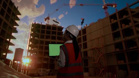 vista trasera de una ingeniera asiática con casco de seguridad trabajando en una computadora portátil de pantalla verde y mirando a su alrededor mientras está de pie en el sitio de construcción, durante la puesta o salida del sol