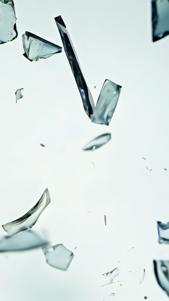 Shattered Glass Fragments Floating in Air Against a Light Background. Glass shards are suspended in mid-air, reflecting light and creating an abstract visual dynamic. Vertical video
