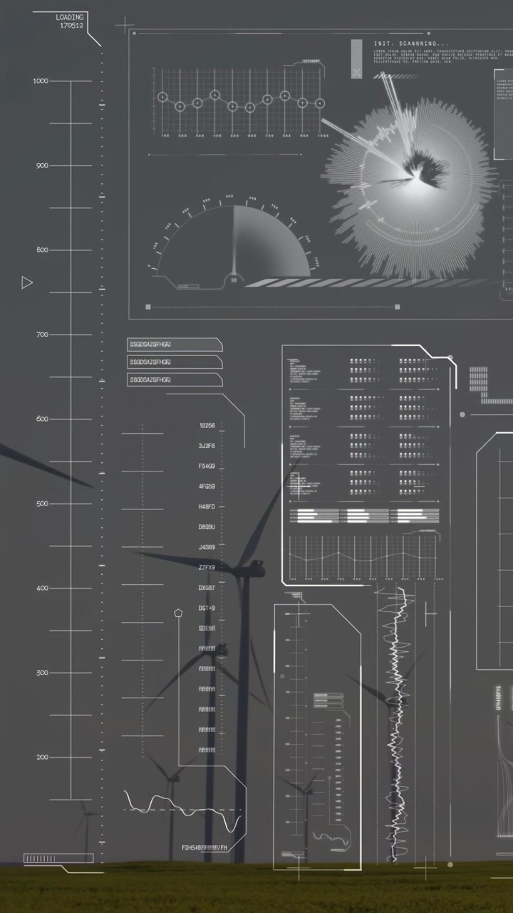 Video verticale: Turbine eoliche che ruotano con panoramica della telecamera, interfaccia HUD che si anima per monitorare la produzione di energia