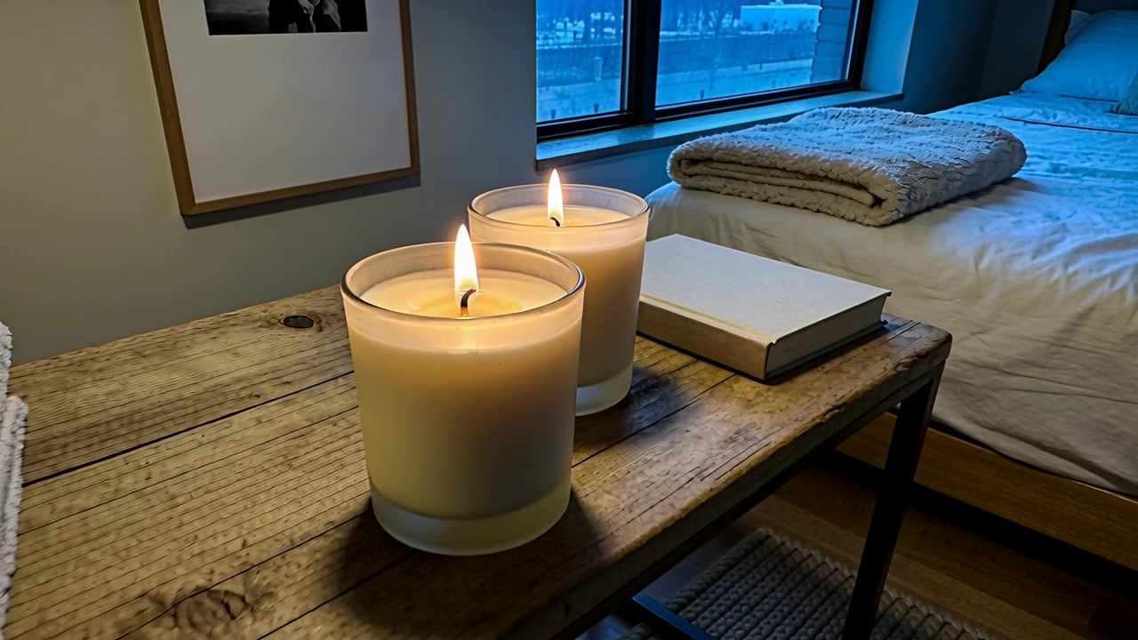Pulling back camera revealing two lit glass-jar candles on rustic bench, forming cozy reading nook