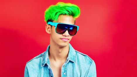 stylish man with vibrant hair and sunglasses
