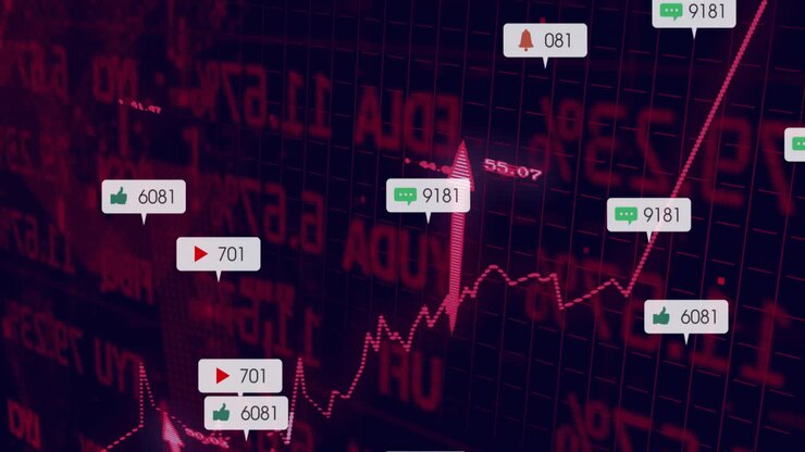 Lyserød stiplet trendlinje stiger over mørkerødt gitter, flydende sociale medieikoner i fladt design