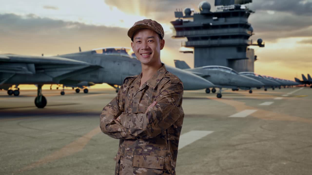 Smiling Soldier on Aircraft Carrier at Sunset