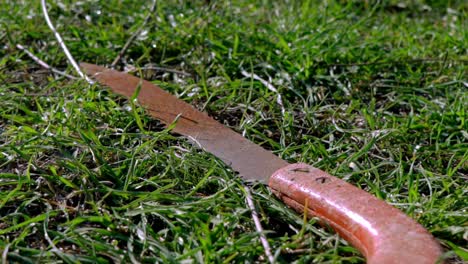 close up footage of isolated thrown hand saw, at grass surface