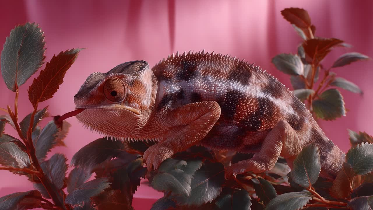 A vibrant chameleon perched on lush green foliage, striking a playful pose amidst a softly lit pink backdrop, showcasing its stunning scale patterns and color variations