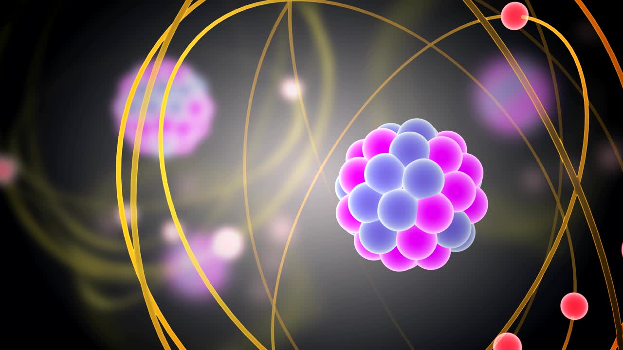 Elementary particles moving in atom. Physics concept. 3D rendered looping animation.