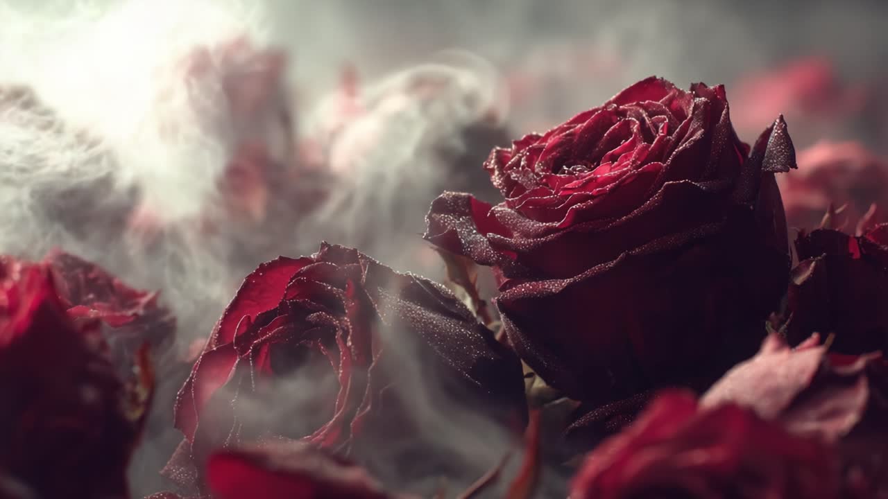 Eleganza Aromatica: Primo Piano Accattivante di Bellissime Rose Rosse Avvolte in una Nebbia Misteriosa, che Esudano un Senso di Romanticismo Senza Tempo e Bellezza Naturale