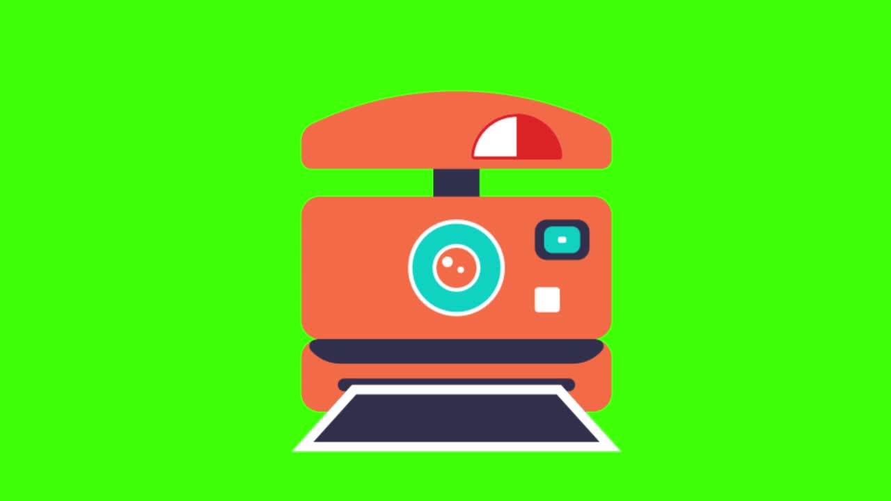 Colorful simple animation of a polaroid camera icon isolated on a green screen in 4K