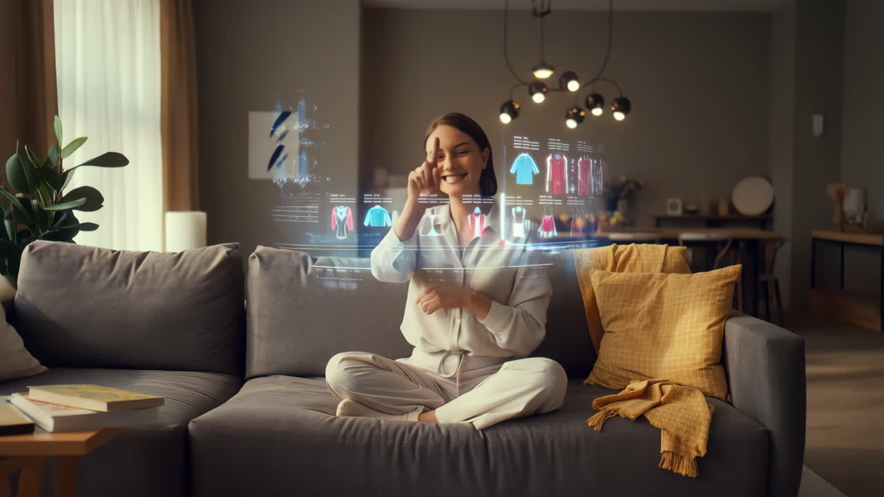 Woman using augmented reality to shop for clothes at home