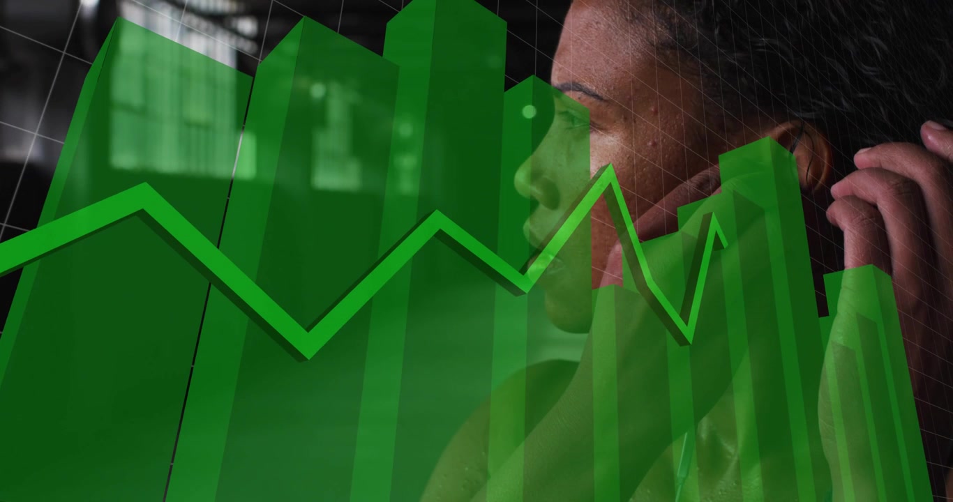 Vrouw die oortje aanpast, waardoor groene 3D-balken en een grillige lijngrafiek animeren terwijl ze data monitort.