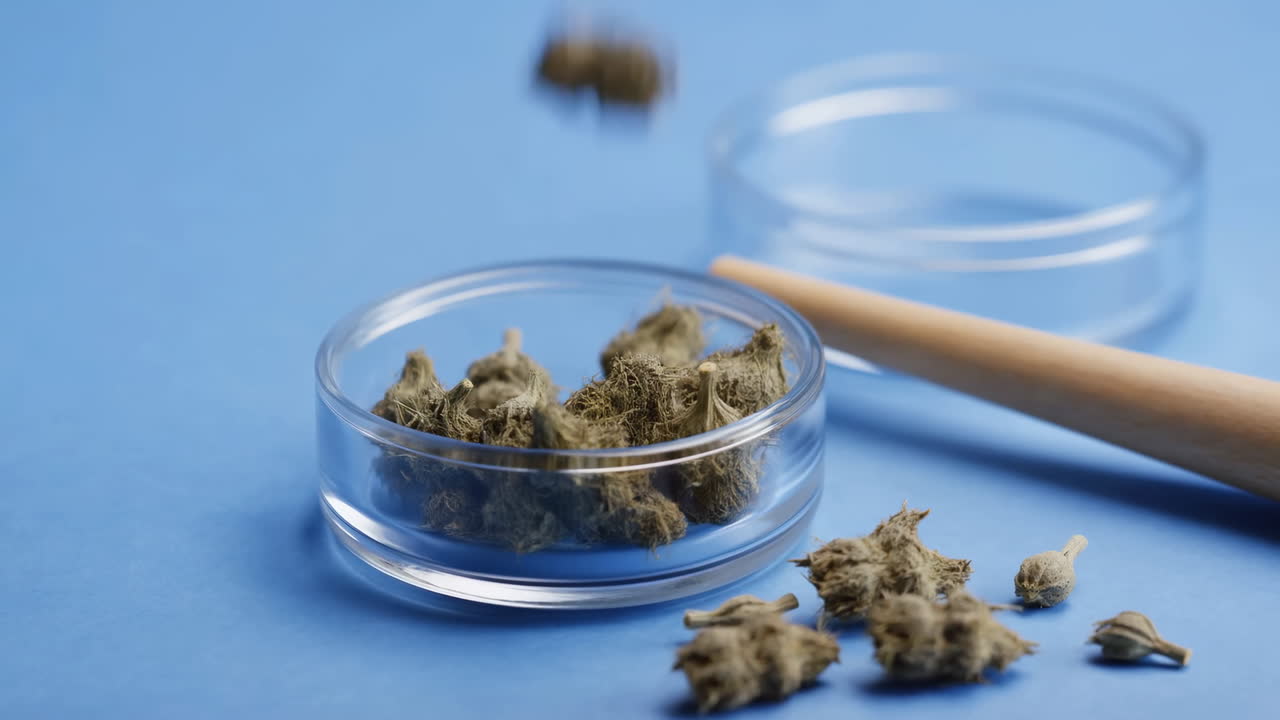 青い背景にペトリ皿に入った乾燥大麻の芽