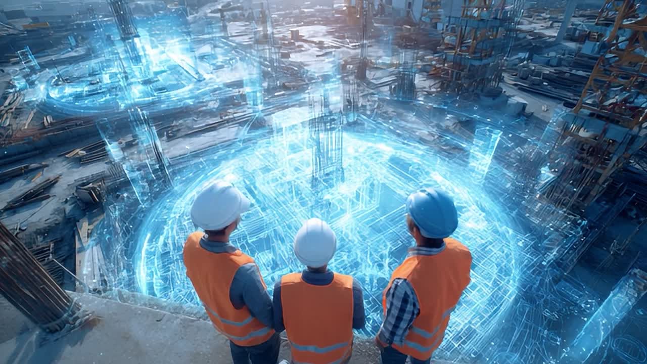 Tim konstruksi menggunakan teknologi untuk perencanaan proyek di lokasi