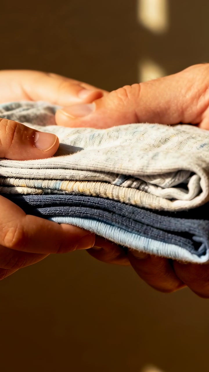 Vertical video: Adjusting hands aligning folded knits by sunlit wall after thumb press for storage