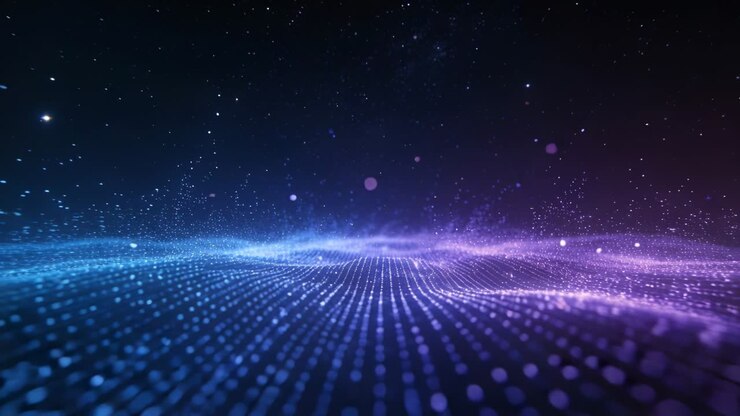Frame one starting particle grid undulating in CGI landscape to horizon glow, sending specks upward