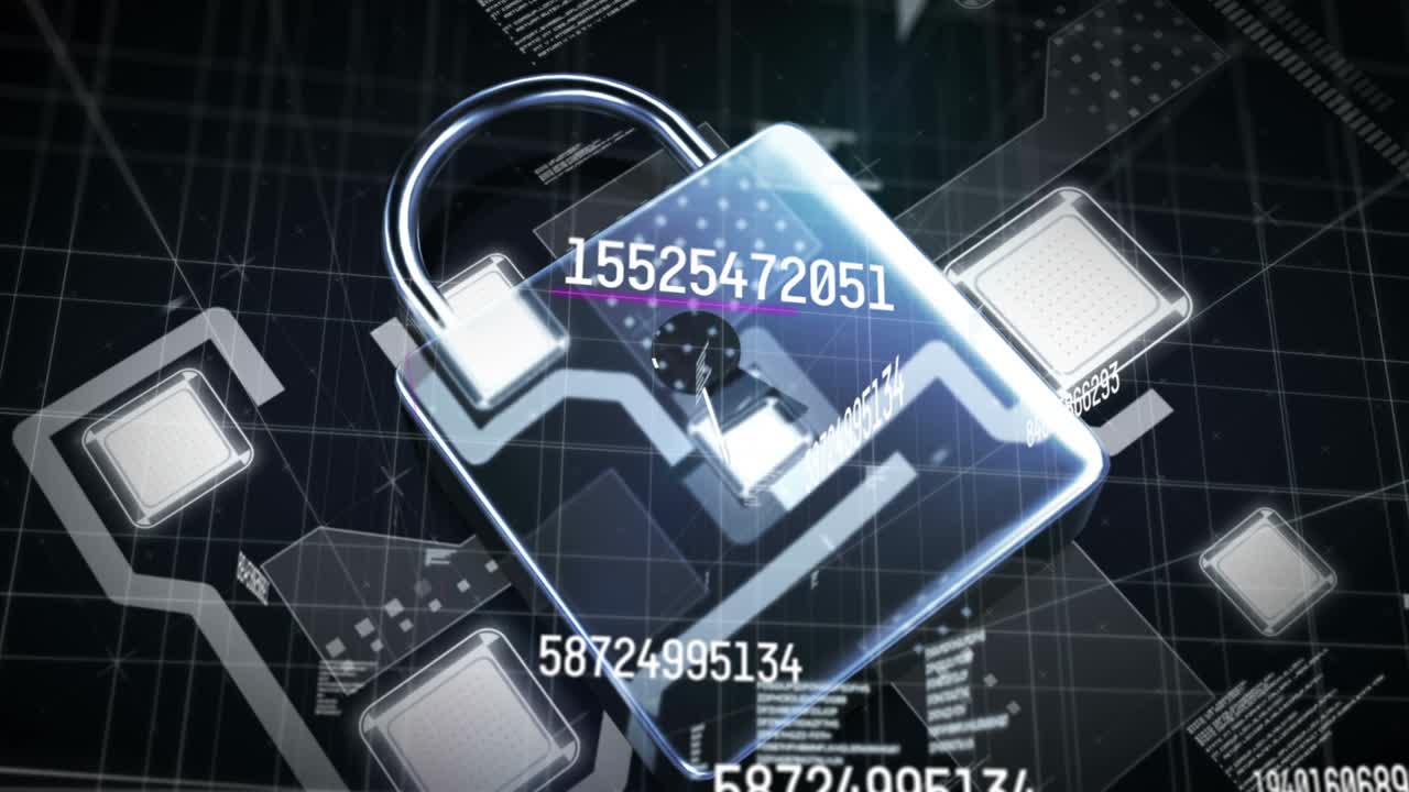 Animation of numbers changing with online security padlock over data processing on grid